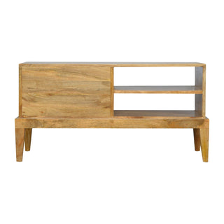 Koda Media Unit Raw Oak Mango Wood Raised Platform Base Twin Drawers with T-Bar Knobs