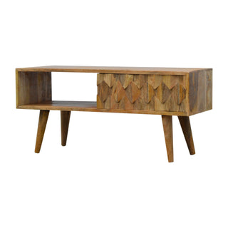 Talo Media Unit Oak Mango Wood Diamond-Relief Carved Sliding Door with Nordic Tapered Legs