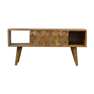 Talo Media Unit Oak Mango Wood Diamond-Relief Carved Sliding Door with Nordic Tapered Legs