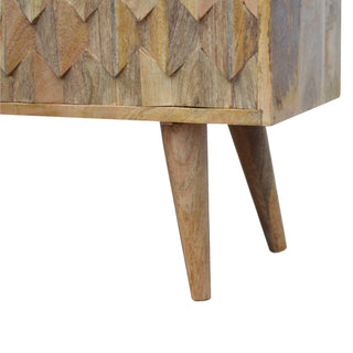 Talo Media Unit Oak Mango Wood Diamond-Relief Carved Sliding Door with Nordic Tapered Legs