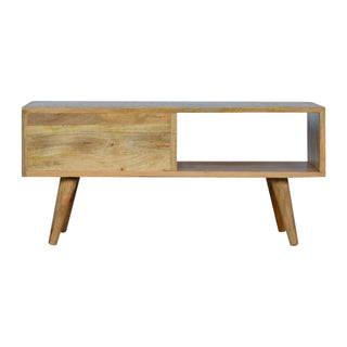 Talo Media Unit Oak Mango Wood Diamond-Relief Carved Sliding Door with Nordic Tapered Legs