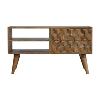 Block Media Unit Natural Oak Mango Wood Deep Cube-Relief Carved Cabinet Doors with Nordic Legs
