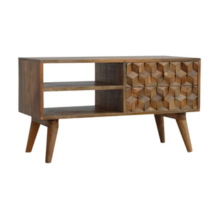 Block Media Unit Natural Oak Mango Wood Deep Cube-Relief Carved Cabinet Doors with Nordic Legs