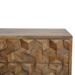 Block Media Unit Natural Oak Mango Wood Deep Cube-Relief Carved Cabinet Doors with Nordic Legs