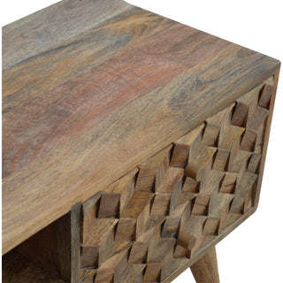 Block Media Unit Natural Oak Mango Wood Deep Cube-Relief Carved Cabinet Doors with Nordic Legs