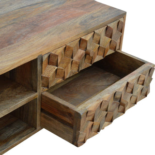 Block Media Unit Natural Oak Mango Wood Deep Cube-Relief Carved Cabinet Doors with Nordic Legs