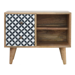 Orbit Bedside Cabinet Screen-Printed Diamond Circle Door Open Cubbies Natural Oak