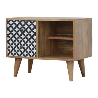 Orbit Bedside Cabinet Screen-Printed Diamond Circle Door Open Cubbies Natural Oak