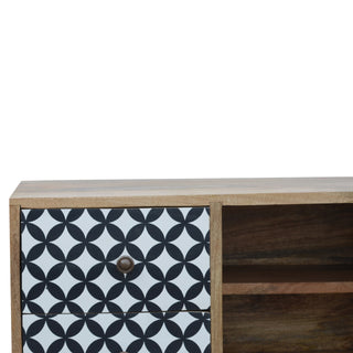 Orbit Bedside Cabinet Screen-Printed Diamond Circle Door Open Cubbies Natural Oak