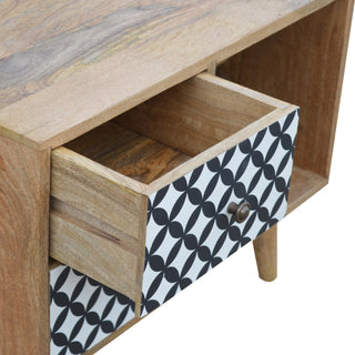 Orbit Bedside Cabinet Screen-Printed Diamond Circle Door Open Cubbies Natural Oak
