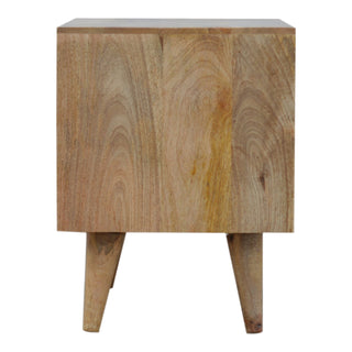 Orbit Bedside Cabinet Screen-Printed Diamond Circle Door Open Cubbies Natural Oak