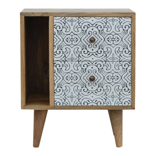 Delft Bedside Cabinet Porcelain Tile Pattern Drawers Open Cubby Natural Oak