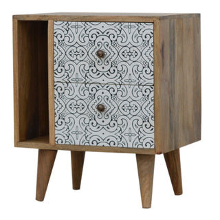 Delft Bedside Cabinet Porcelain Tile Pattern Drawers Open Cubby Natural Oak