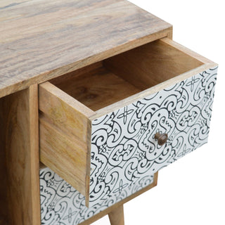 Delft Bedside Cabinet Porcelain Tile Pattern Drawers Open Cubby Natural Oak