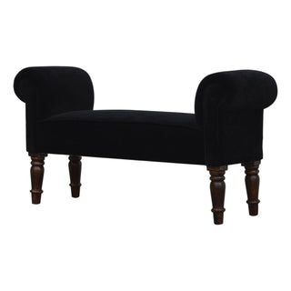 Eclipse Bedroom Bench Black Velvet Scroll Arms Turned Dark Walnut Legs