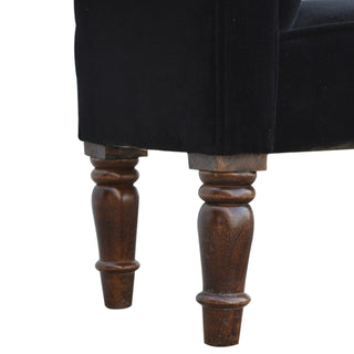 Eclipse Bedroom Bench Black Velvet Scroll Arms Turned Dark Walnut Legs