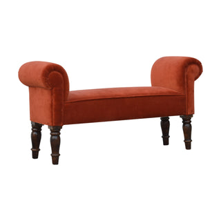 Terra Bedroom Bench Brick Red Velvet Scroll Arms Turned Dark Walnut Legs