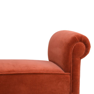 Terra Bedroom Bench Brick Red Velvet Scroll Arms Turned Dark Walnut Legs