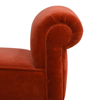 Terra Bedroom Bench Brick Red Velvet Scroll Arms Turned Dark Walnut Legs
