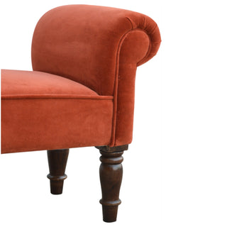 Terra Bedroom Bench Brick Red Velvet Scroll Arms Turned Dark Walnut Legs