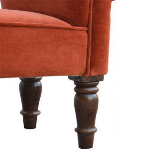 Terra Bedroom Bench Brick Red Velvet Scroll Arms Turned Dark Walnut Legs