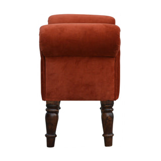 Terra Bedroom Bench Brick Red Velvet Scroll Arms Turned Dark Walnut Legs