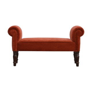 Terra Bedroom Bench Brick Red Velvet Scroll Arms Turned Dark Walnut Legs