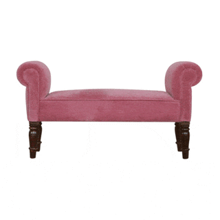 Blush Bedroom Bench Dusty Pink Velvet Scroll Arms Turned Dark Walnut Legs