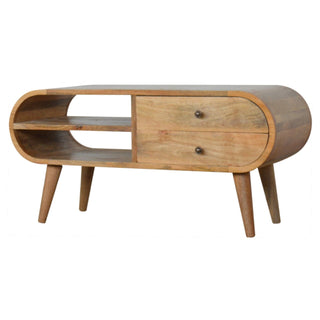 Cirro Media Unit Raw Oak Mango Wood Deep-Rounded Pill Ends Twin Drawers with Nordic Tapered Legs
