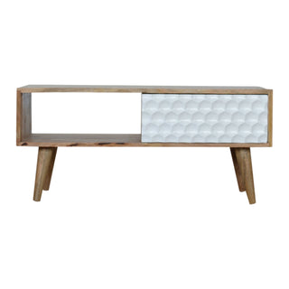 Hex Coffee Table with Sliding Door White Honeycomb Carved Mango Wood
