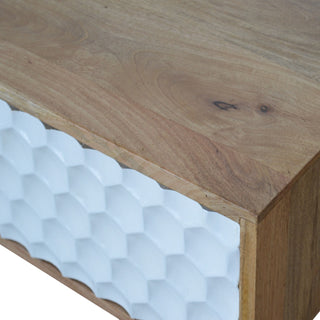 Hex Coffee Table with Sliding Door White Honeycomb Carved Mango Wood
