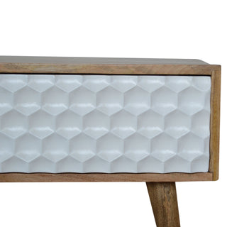 Hex Coffee Table with Sliding Door White Honeycomb Carved Mango Wood