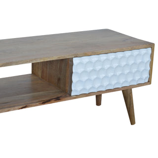 Hex Coffee Table with Sliding Door White Honeycomb Carved Mango Wood