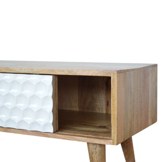 Hex Coffee Table with Sliding Door White Honeycomb Carved Mango Wood