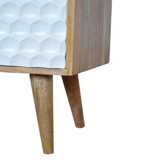 Hex Coffee Table with Sliding Door White Honeycomb Carved Mango Wood