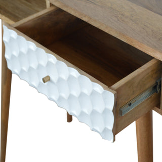 Luxe Writing Desk Mango Wood White Honeycomb-Carved Drawer With Open Slot