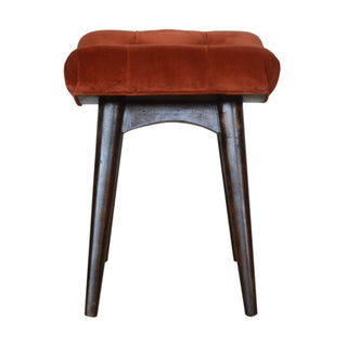 Rust Upholstered Bench Brick Red Velvet Button Tufted Curved Saddle Near-Black Nordic Legs