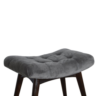 Zola Bedroom Bench Slate Grey Velvet Curved Saddle Seat Dark Walnut Nordic Legs