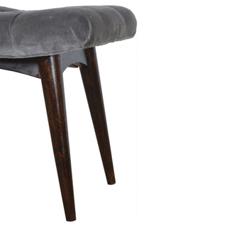Zola Bedroom Bench Slate Grey Velvet Curved Saddle Seat Dark Walnut Nordic Legs