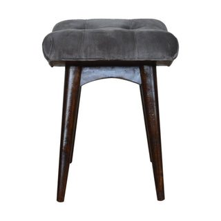 Zola Bedroom Bench Slate Grey Velvet Curved Saddle Seat Dark Walnut Nordic Legs