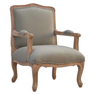 Angled view of Provence Armchair Mud Linen French Style Upright Carved Cabriole
