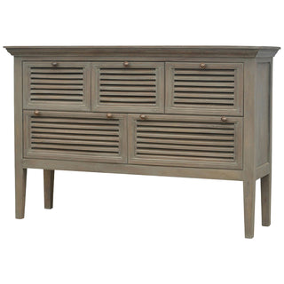 Side angle view of Provence Kitchen Sideboard with Shutter Louvre Drawers in Grey Wash Finish