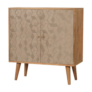Side angle view of Quartz Display Cabinet Champagne Painted 3D Geometric Cube Relief Oak Frame