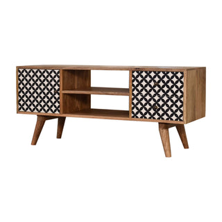 Side angle view of Quartz Media Unit Oak Mango Wood Black and White Diamond Print Cabinet Doors and Drawers Nordic Legs
