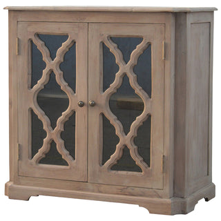 Side angle view of Quatrefoil Sideboard Cabinet with Carved Lattice Glazed Doors in Sun-Bleached Finish