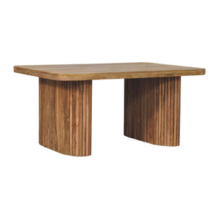 Angled view of Raffi Dining Bench Solid Mango Wood Fluted Cylinder Pedestals Reclaimed Grain Plank