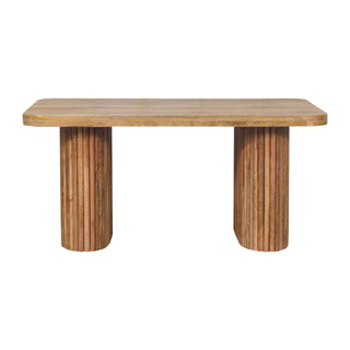 Front view of Raffi Dining Bench Solid Mango Wood Fluted Cylinder Pedestals Reclaimed Grain Plank