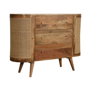 Side angle view of Raffia Sideboard Cabinet Rattan Cane Woven Doors Three-Drawer Natural Oak