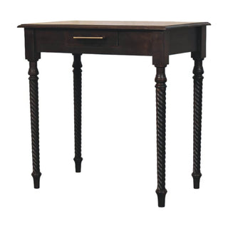 Side angle view of Raffles Writing Desk Mango Wood Rope-Twist Legs Velvet Mocha with Brass Bar Drawer