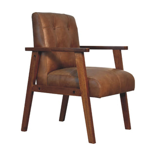 Angled view of Ranger Armchair Brown Buffalo Leather Buttoned Walnut Frame